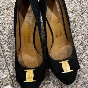 Salvatore Ferragamo Textured Black Heels with Gold Buckle